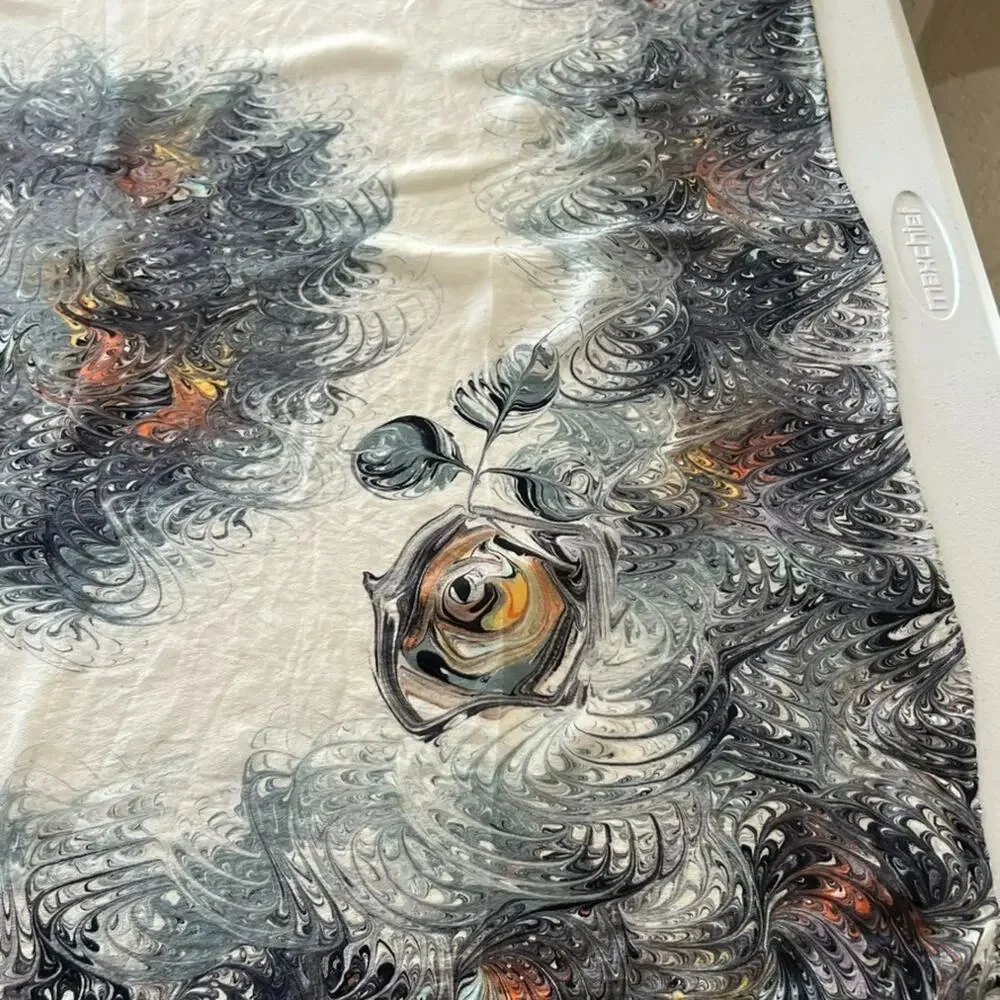 Marble Swirl Silk Scarf Hand Marbled Square Ivory Black Gray Hand Rolled Hem 30
